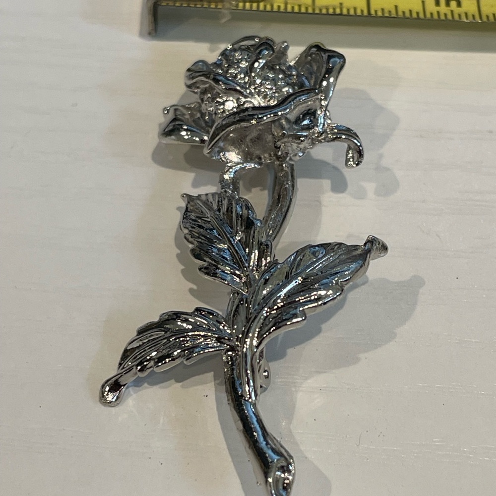 Rose Brooch Pin Silver Tone Flower Shiny